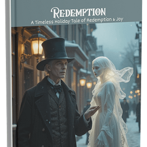 Cover Art: Ebenezer Scrooge and Ghost of Christmas Past in a snowy Victorian street.