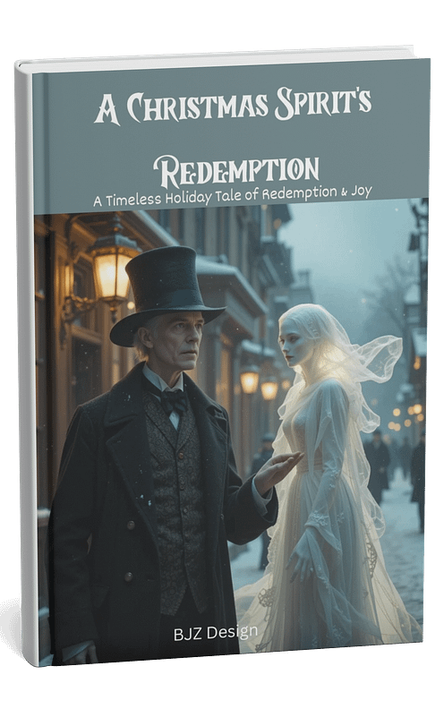 A Christmas Spirit's Redemption – A Timeless Holiday Tale of Redemption & Joy Cover Art: Ebenezer Scrooge and Ghost of Christmas Past in a snowy Victorian street.